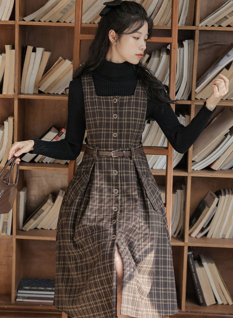 Button Up Plaid Pinafore Dress Maxct