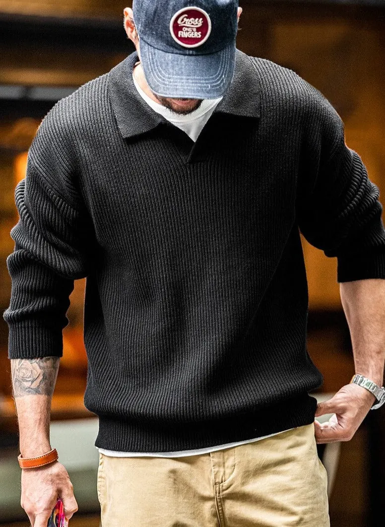 Maxct Open Neck Collared Rib Knit Sweater