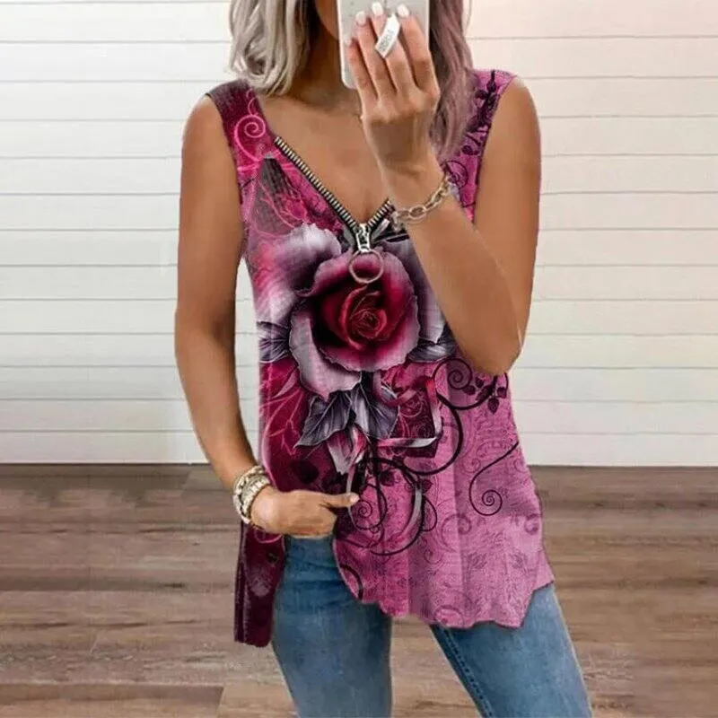 Maxct Women V Neck Zipper Sleeveless Top Summer Sexy Women Rose Printed T Shirt Fashion Loose Casual Plus Size Shirts F163