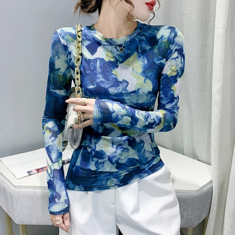 Maxct S-3XL Autumn Spring Full Sleeve O-Neck T-shirt Girls Solid Stretchy Printed Mesh TShirts Tops Women Tees