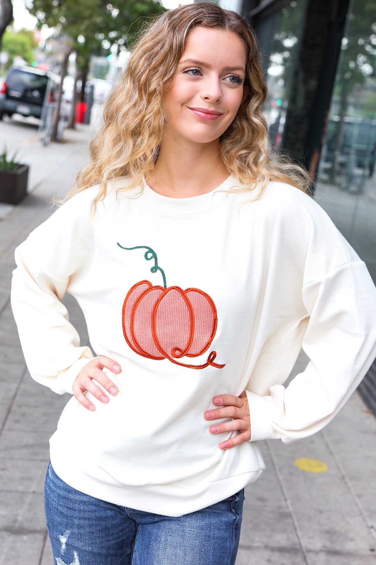 Maxct &Halloween Lovely Ivory Embroidered Pumpkin Knit Sweater