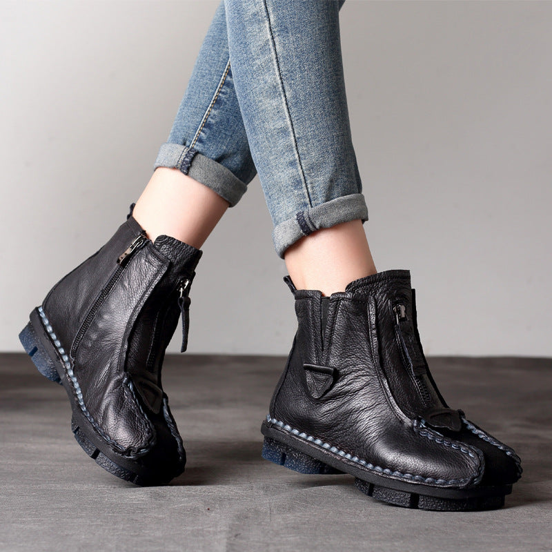 Maxct Trendy Ethnic Retro Handmade Leather Zipper Short Boots
