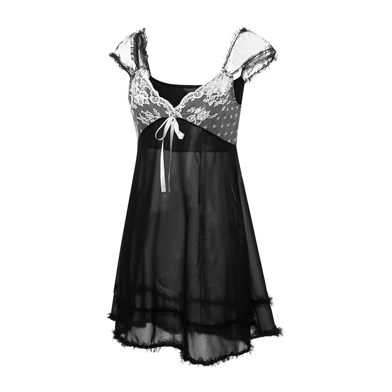 Kawaii Lace Patchwork Dress y2k V Neck Sleeveless A-line Mini Dresses with Bow 2000s Fairycore Grunge Dresses