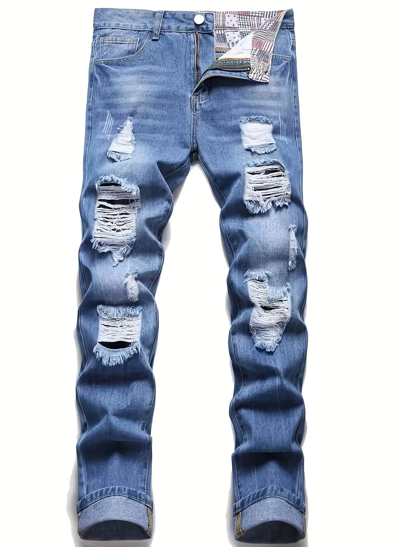 Maxct  Regular Fit Ripped Jeans, Men's Casual Street Style Distressed Denim Pants For All Seasons