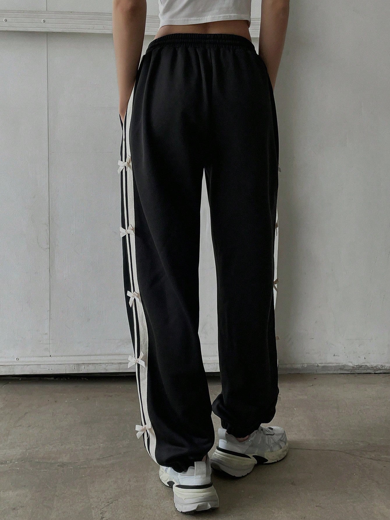 Maxct Elastic Waist Decorated Long Harem Pants With A Loose Fit And Woven Ribbon Bow For Women