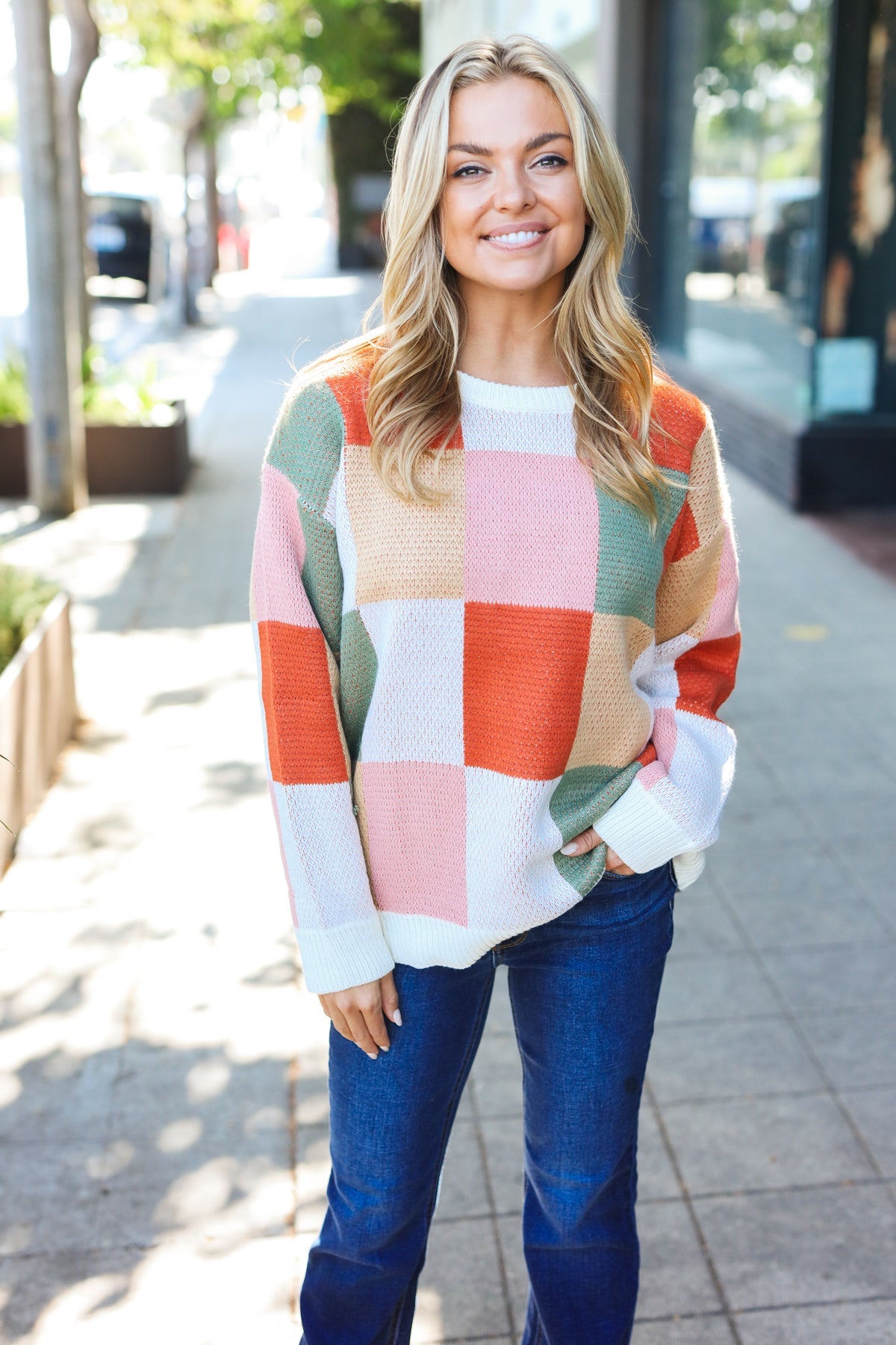 Maxct &Be Bold Ivory & Rust Checker Jacquard Knit Sweater