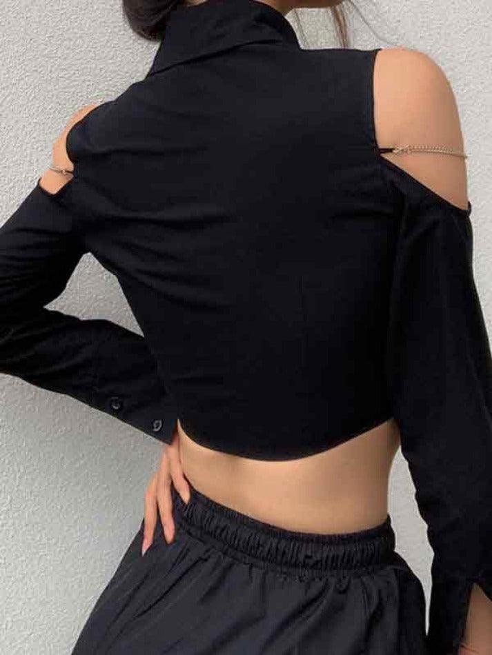 Maxct Cutout Chain Decor Lapel Long Sleeve Shirt