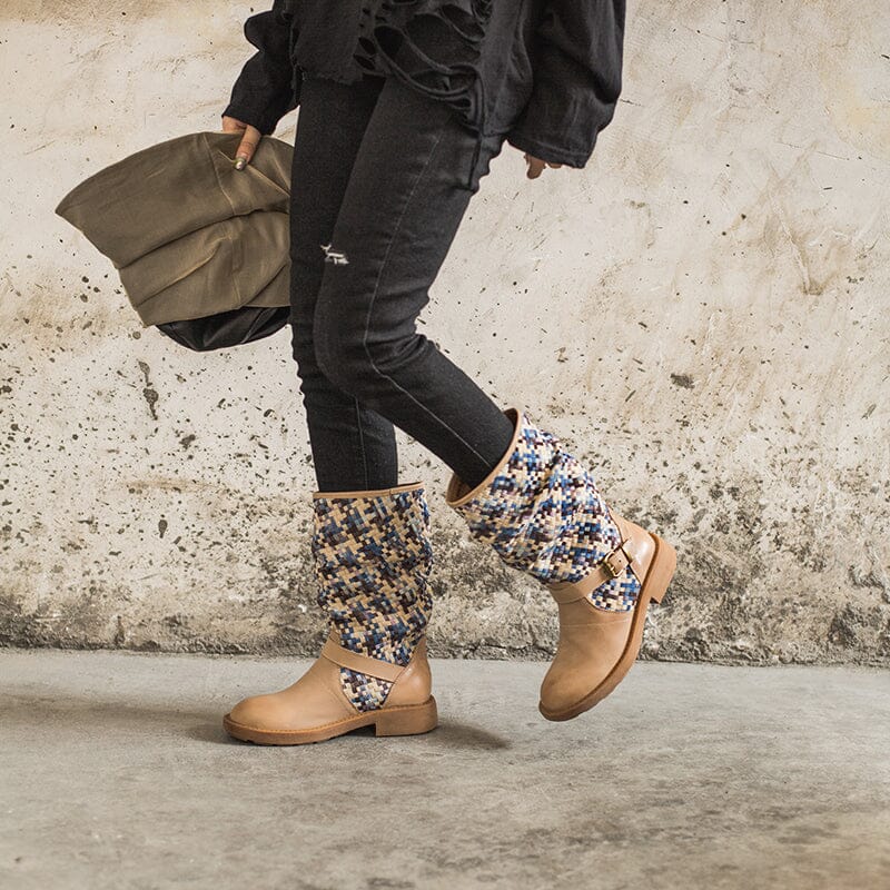 Woven Boots Mid Calf Color Blocking Design Riding Boots Maxct