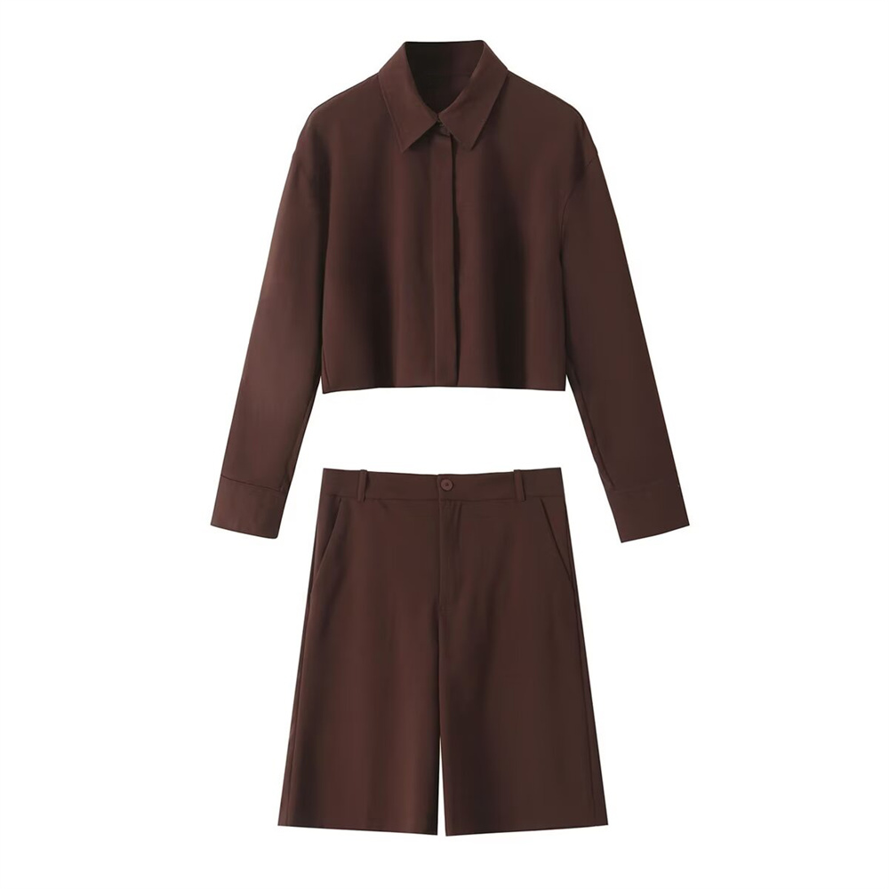 Autumn New Product Women's Clothing Style Long Sleeve Collar Short Shirt High Waist Versatile Shorts Casual Set
