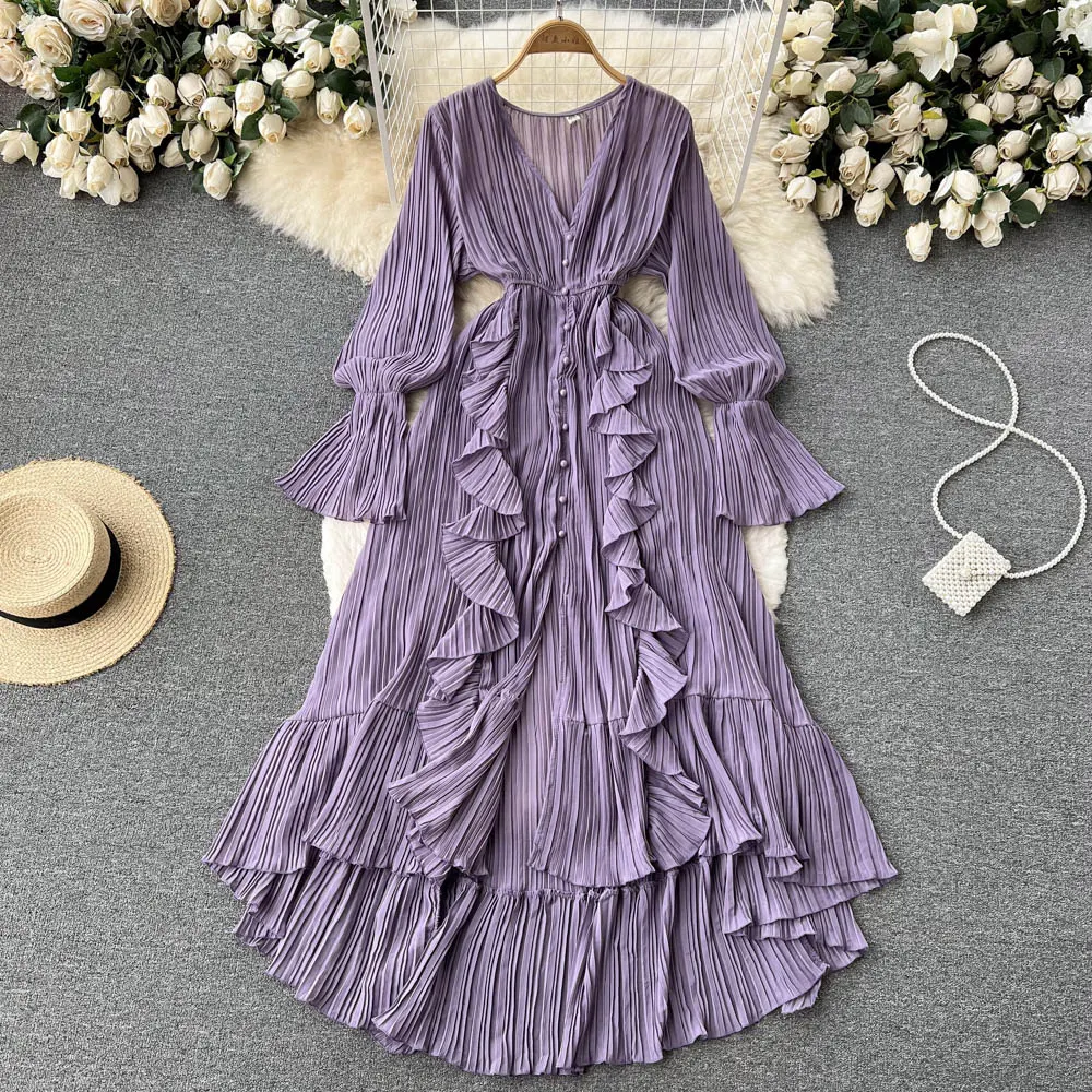 Chiffon Pleated Long Dress Women Vintage V-Neck Flare Sleeve Draped Ruffle Vestido Female Maxi Robe Spring Fall 1215-1