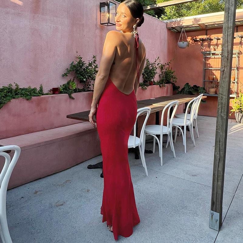 Maxct Women's Clothing 2024 Spring New Fashion Solid Color Hip Sexy Hollow Backless Neck Long Dress Women