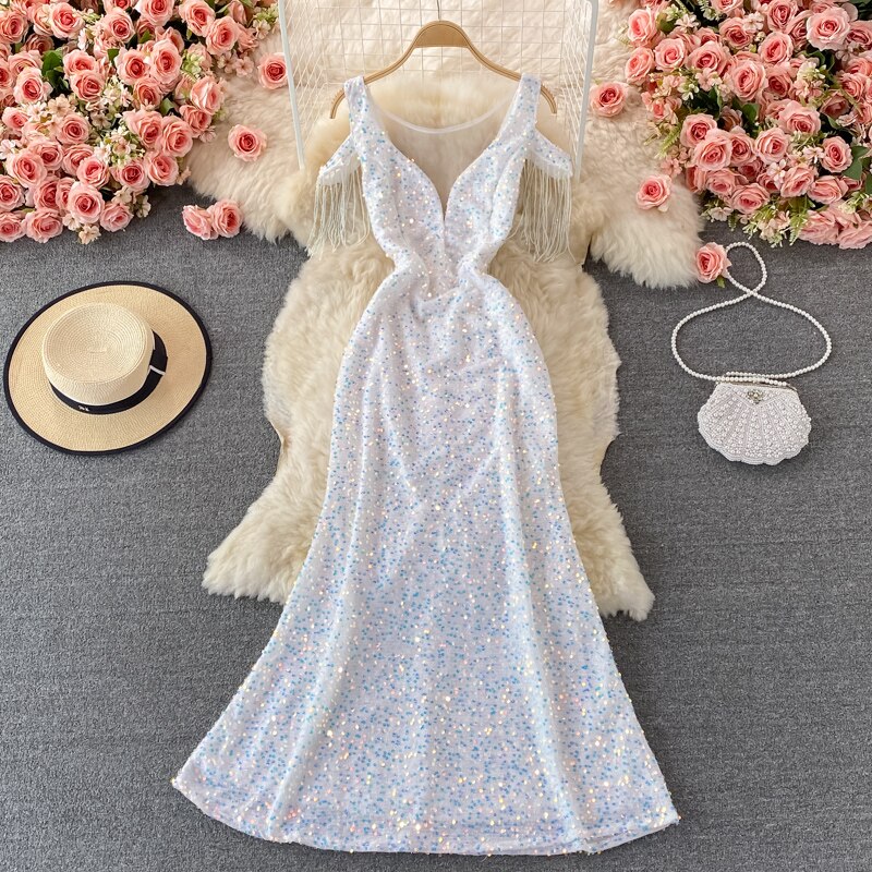 Sequins Party Maxi Dress For Women Sexy V-Neck Short Sleeve High Waist Tassel Long Robe Female Elegant Vestidos