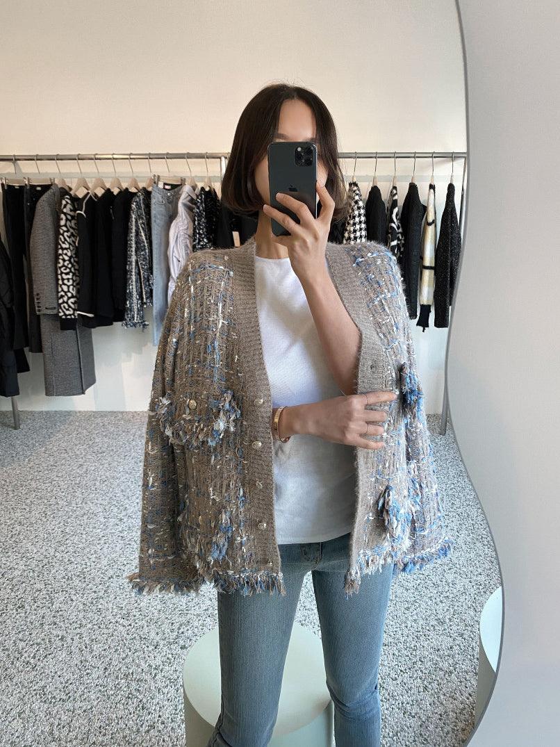 Maxct Vintage V-Neck Fringed Frayed Mélange Knit Cardigan