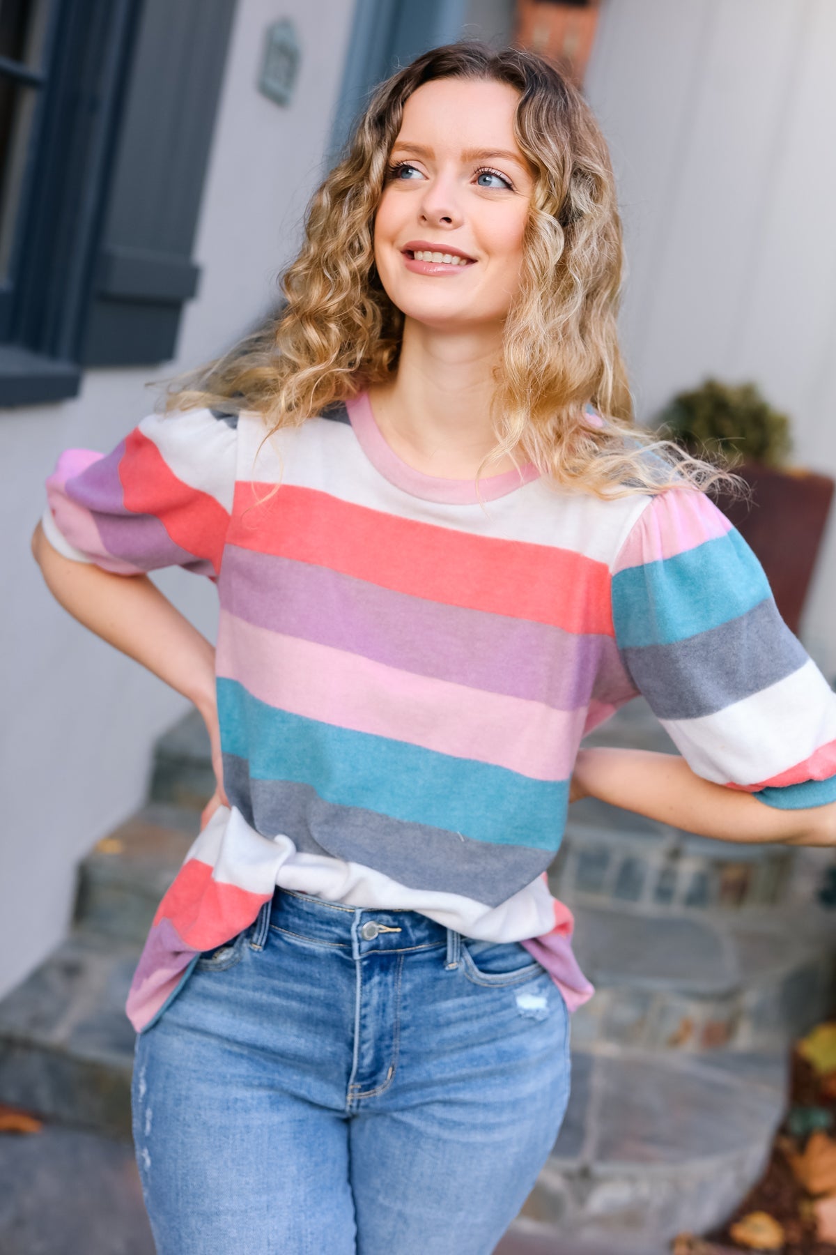 Maxct &Look Out Teal & Rose Striped Hacci Knit Puff Sleeve Top