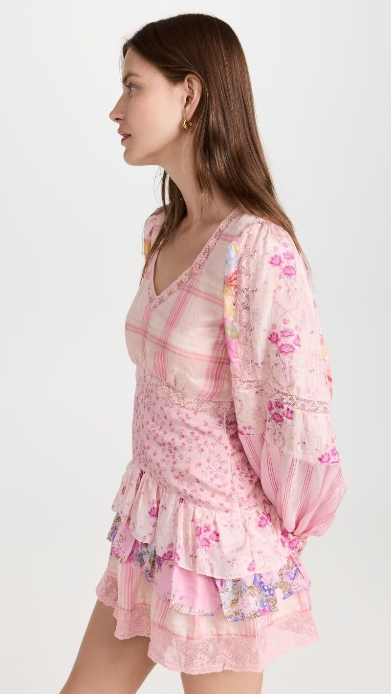 Maxct Inspired crochet-trimmed floral print cotton mini dress wrap-like summer dress cute V-neck short sleeve party dress women