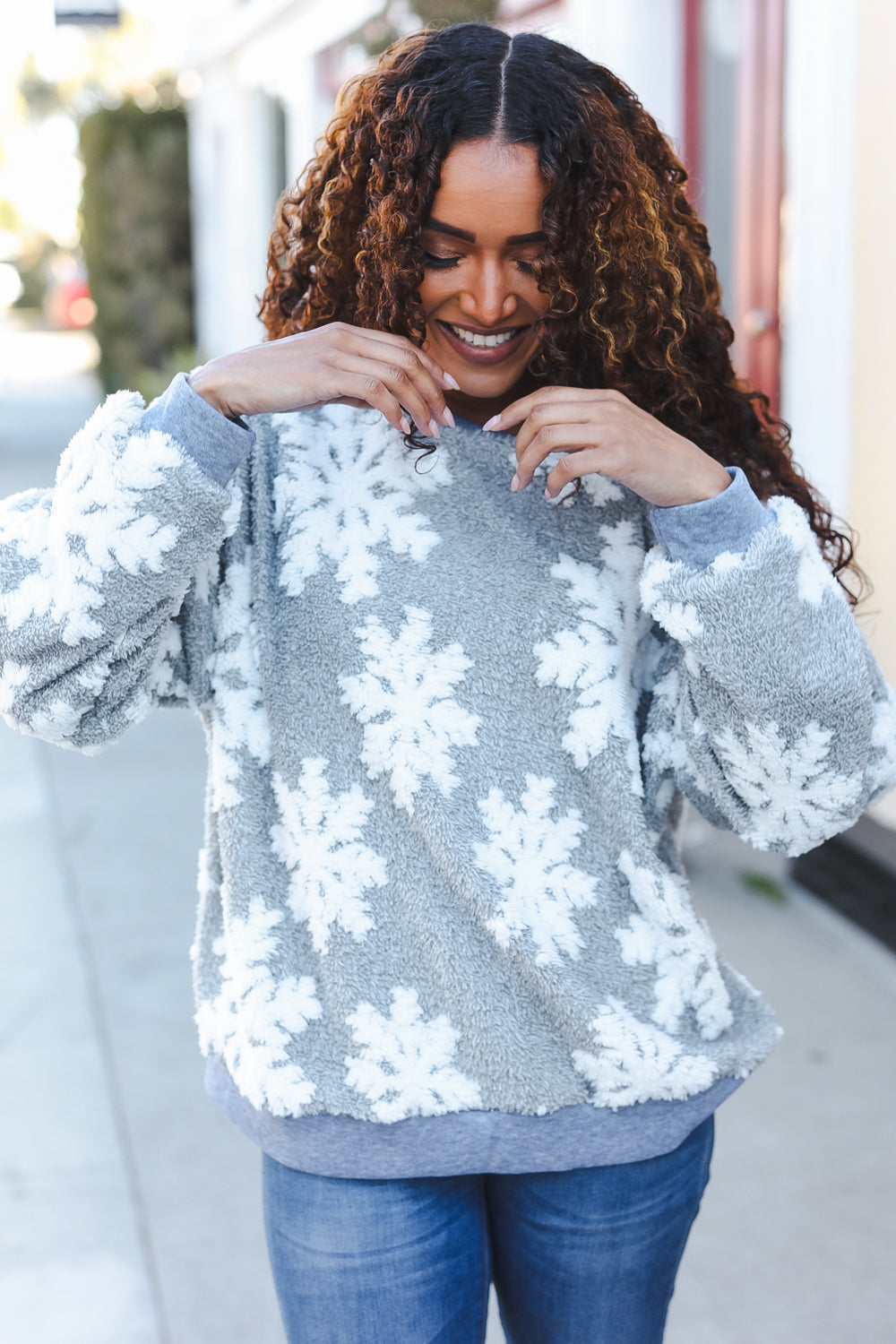 Maxct &Season Greetings Silver Puffy Snowflake Sherpa Pullover