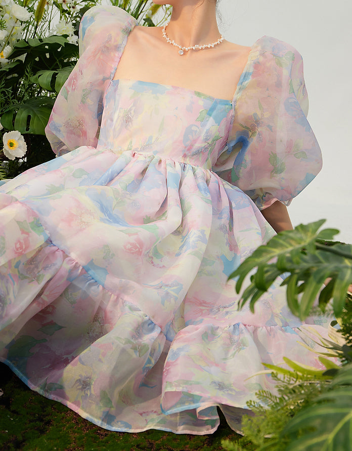 Watercolor Floral Puff Dress Maxct