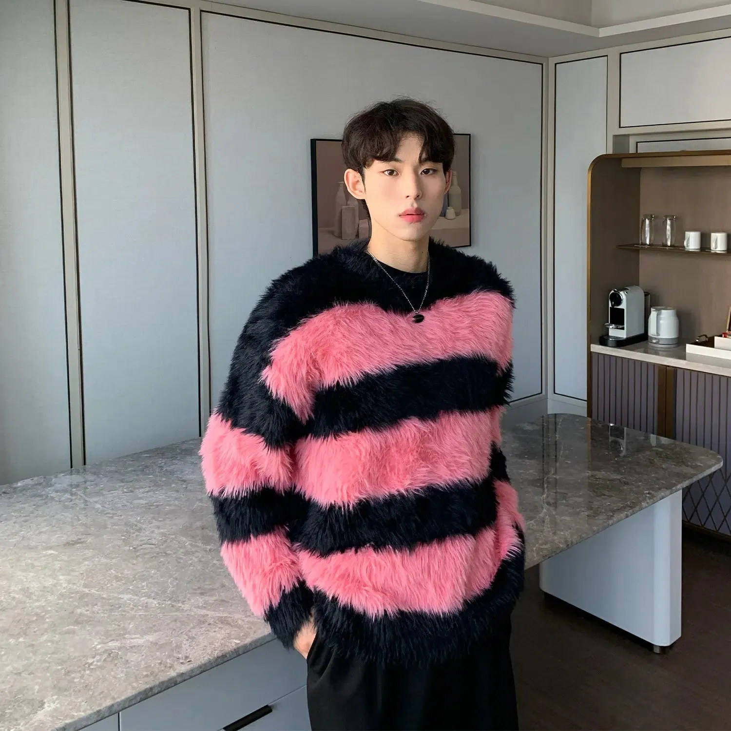 Maxct Faux Mink Plush Striped Sweater