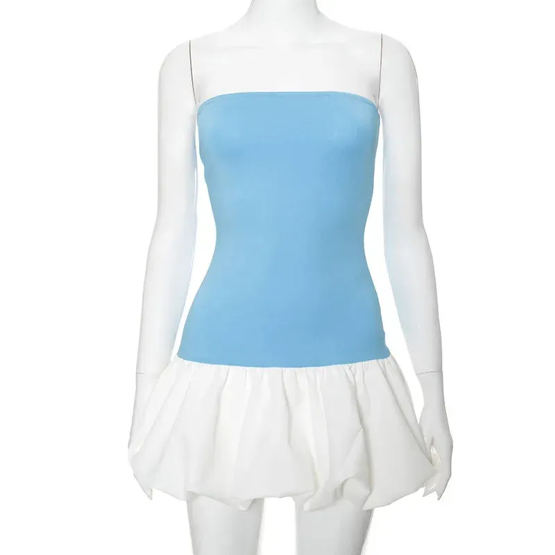 Contrast Color Mini Folds Dress For Strapless Slim Sleeveless Ruched Splice Y2K Beach FeClub Party Dress Maxct