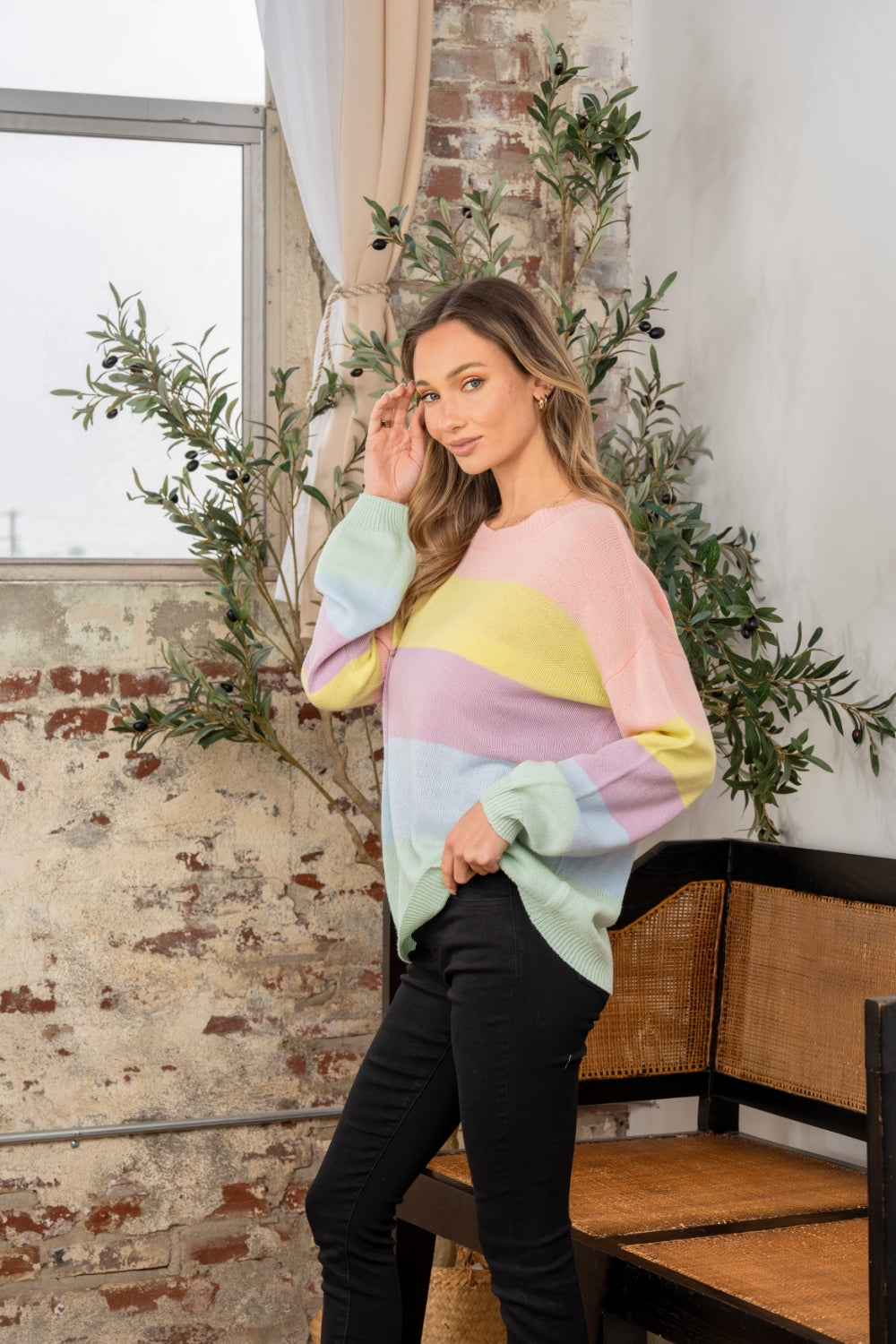Maxct &Sew In Love Full Size Color Block Round Neck Dropped Shoulder Sweater