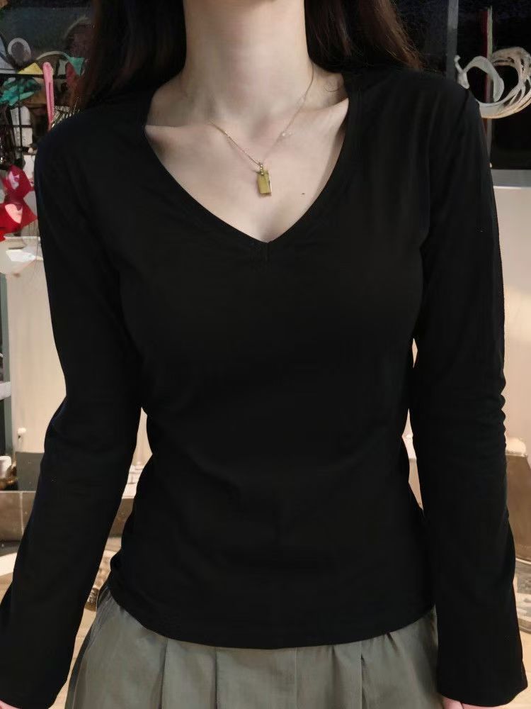 Maxct Shoulder T-Shirt Women's Spring and Autumn Outer Wearing Tight Waist Slim-Fit Pure Cotton Winter Inner Base Shirt New Long Sleeve Top