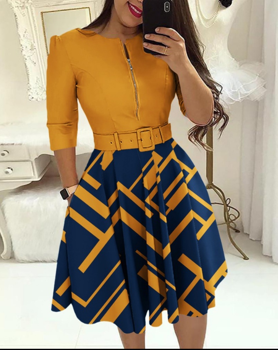 Women's Printed Belted Fit-and-Flare Dress