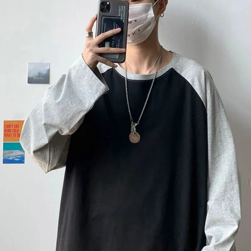Maxct Oversized T-shirt Round Collar Contrast Color Long Sleeve Tops Women Spring Patchwork Kawaii T Shirts Unisex Streetwear