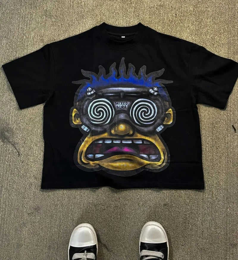 Maxct American Fashion Goth Big Head Cartoon Print Oversized T-Shirt Men's Y2K Street Hip-Hop Harajuku Loose Casual Couple Clothes