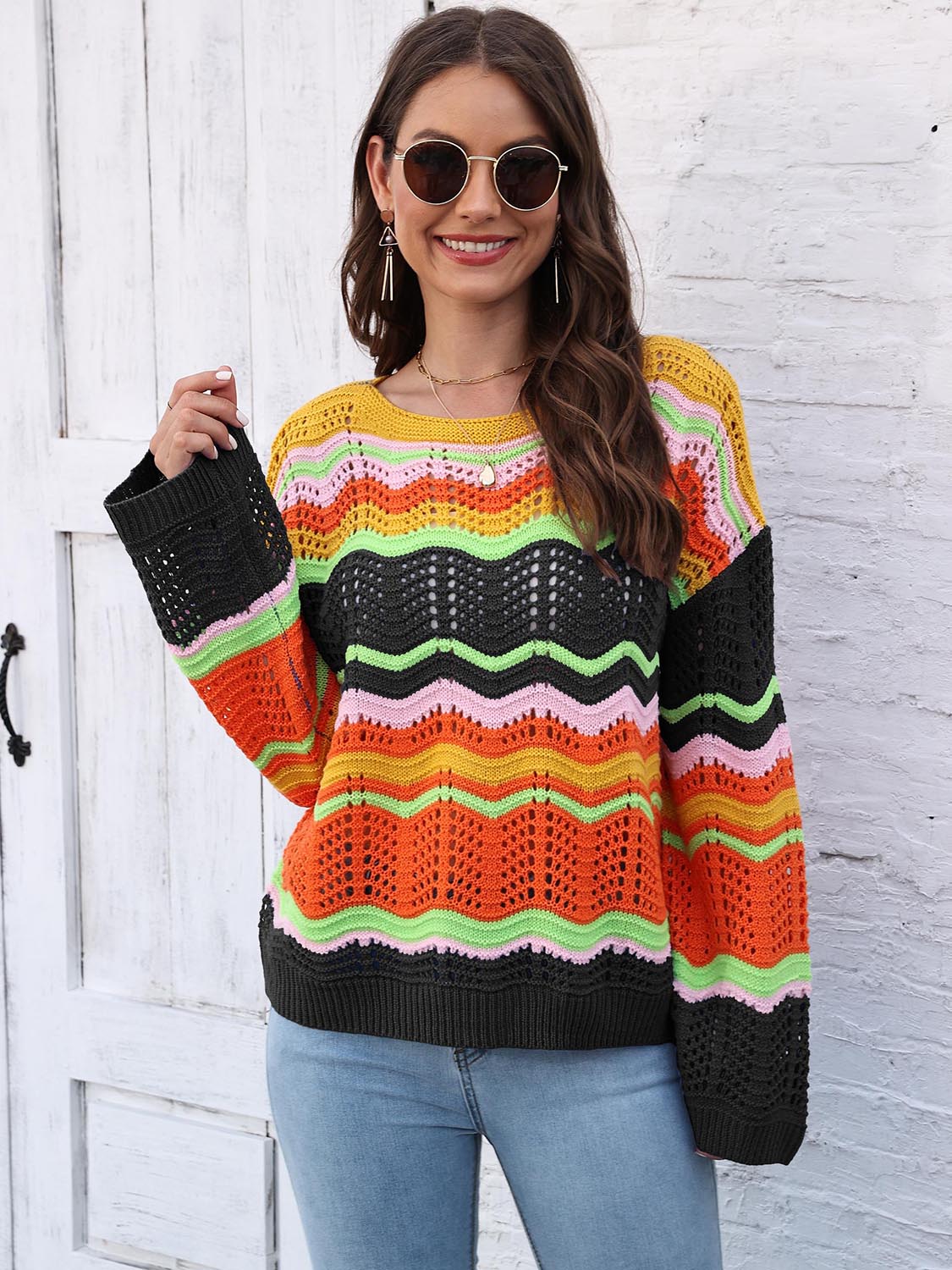 Maxct &Openwork Round Neck Knit Top
