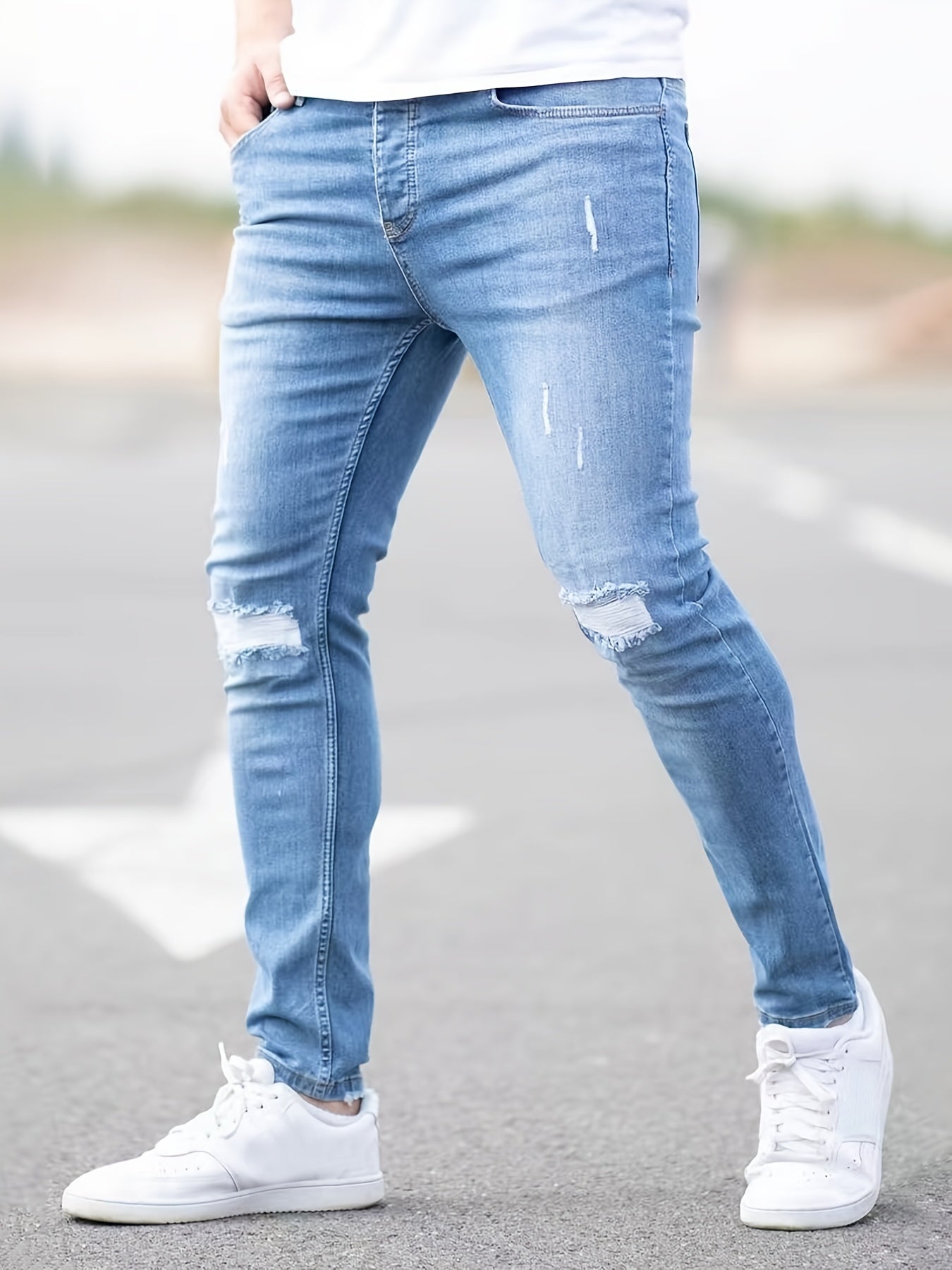 Maxct  Slim Fit Ripped Jeans, Men's Casual Street Style Distressed Mid Stretch Denim Pants For Spring Summer