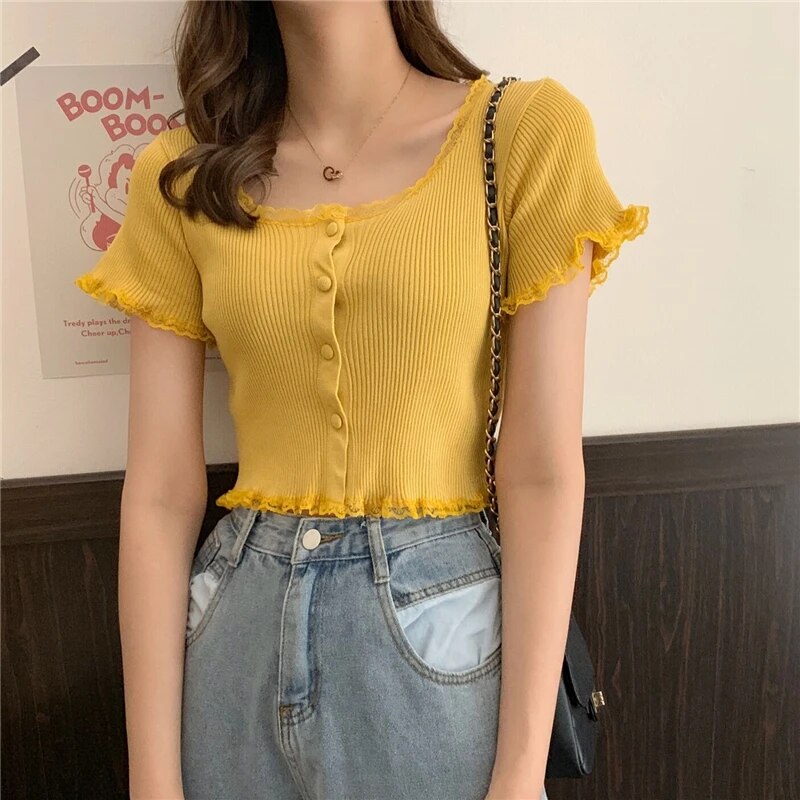 Maxct Women Patched Lace O-Neck Knitted Short Sleeve Thin Sweaters Cardigans Lady Single-breasted Buttons Sweater Crop Tops Female
