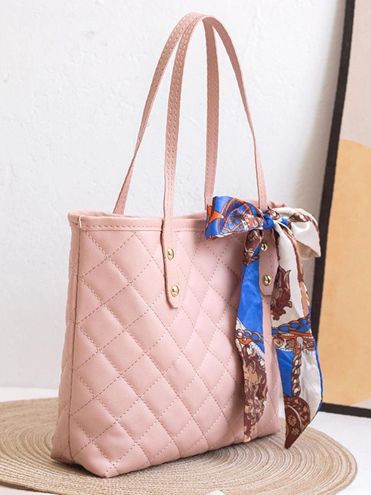 Maxct - Twilly Scarf Decor Quilted Shoulder Tote Bag  - Women Tote Bags