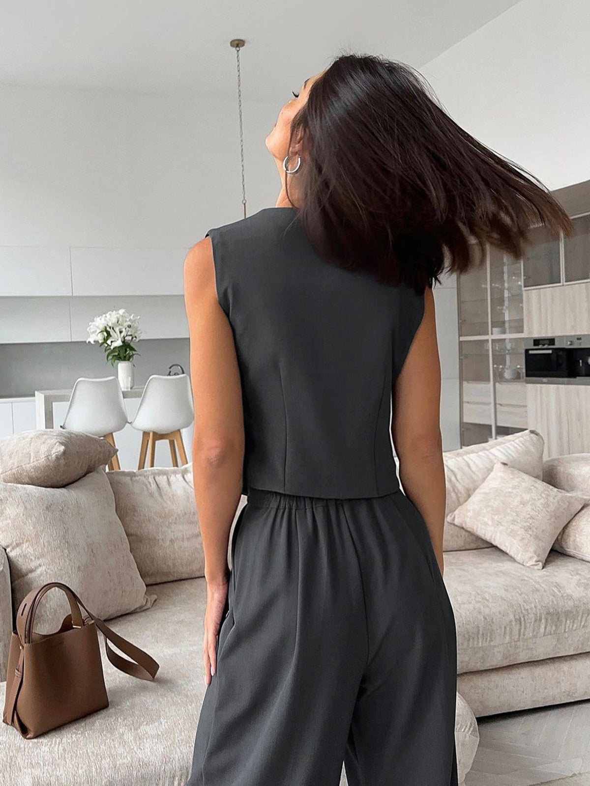 Maxct Solid V-Neck Waistcoat With Wide Leg Pants Set