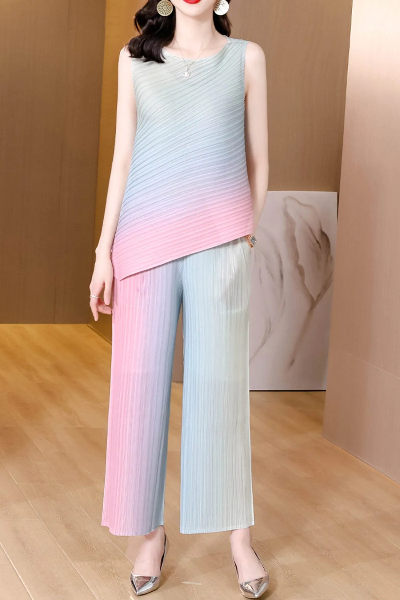 Maxct Gradient Full Pleated Irregular Top & Wide Leg Pants