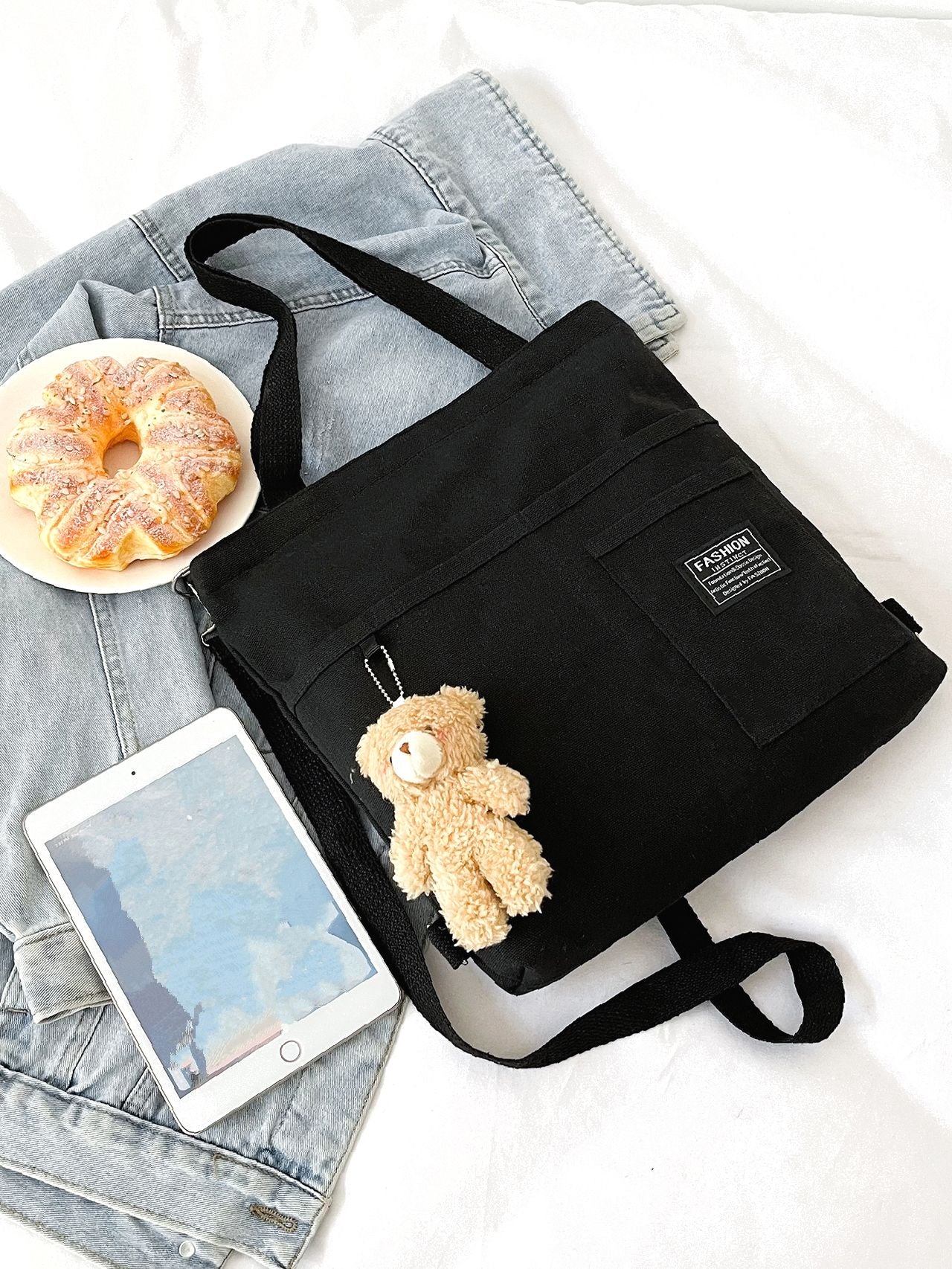 Maxct - Letter Graphic Shopper Bag with Bag Charm  - Women Tote Bags