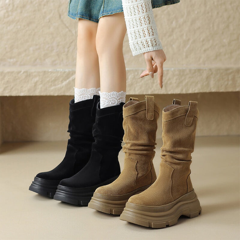 Suede Mid Calf Chunky Western Boots Maxct
