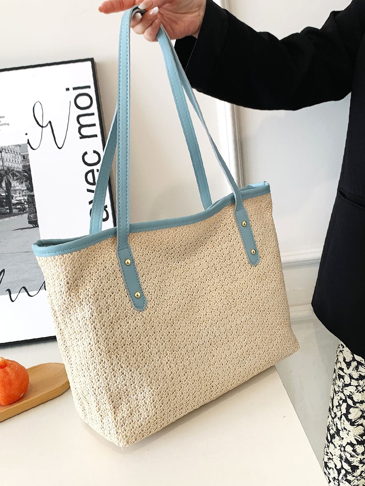 Maxct - Studded Decor Contrast Binding Straw Bag  - Women Tote Bags