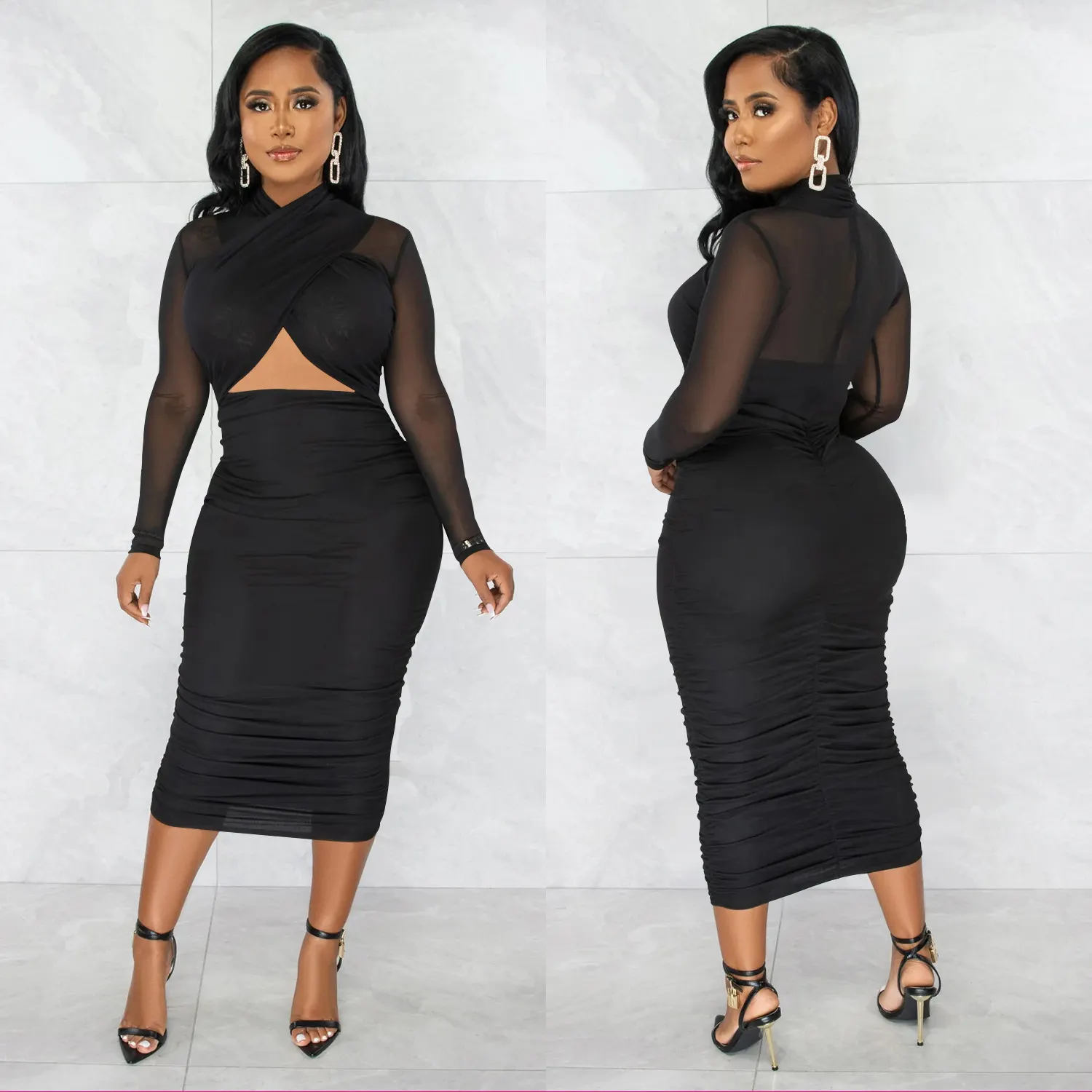 Maxct Maxct Fashion Women's Mesh Long Sleeve Solid Color Wrapped Breast Crop Dress