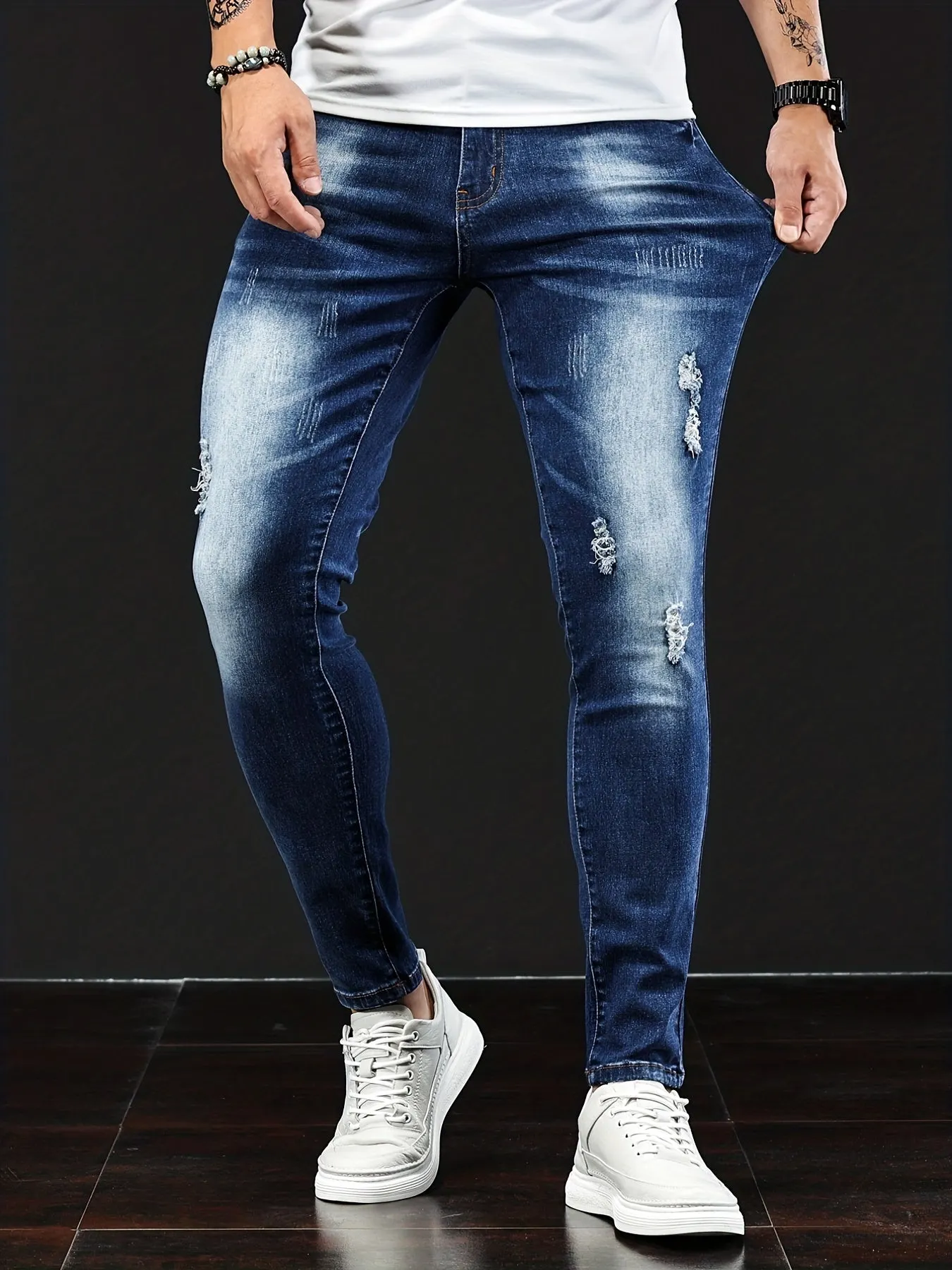 Maxct  Slim Fit Ripped Jeans, Men's Casual Street Style Distressed Medium Stretch Denim Pants