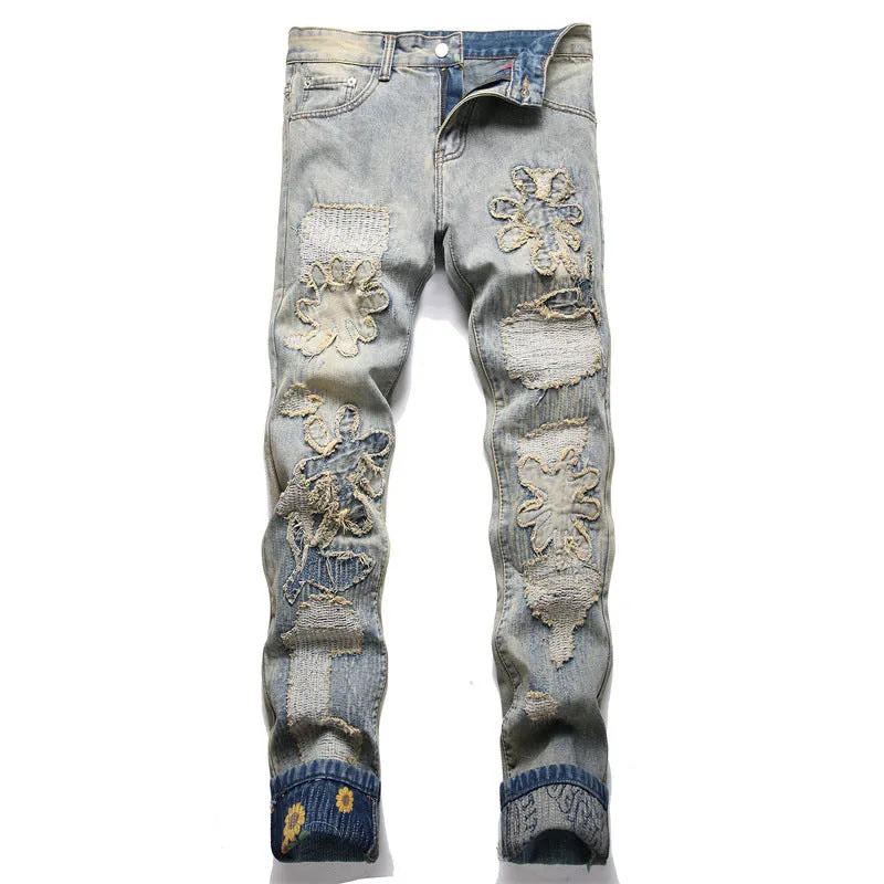 Maxct Men's Casual Letter Embroidery Jeans, Chic Vintage Style Skinny Denim Pants