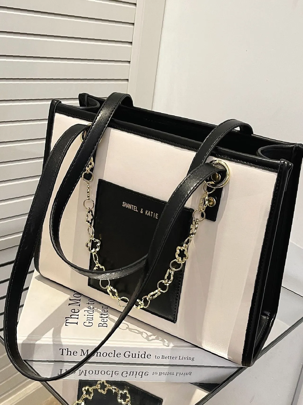 Maxct - Letter Graphic Two Tone Shoulder Tote Bag  - Women Tote Bags