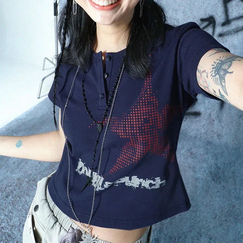 Maxct Y2K Vintage Cyber Graphic T-shirt Halloween Retro Grunge Star Print Pullovers Tops Japanese Style Emo Short Sleeve Baggy Tees