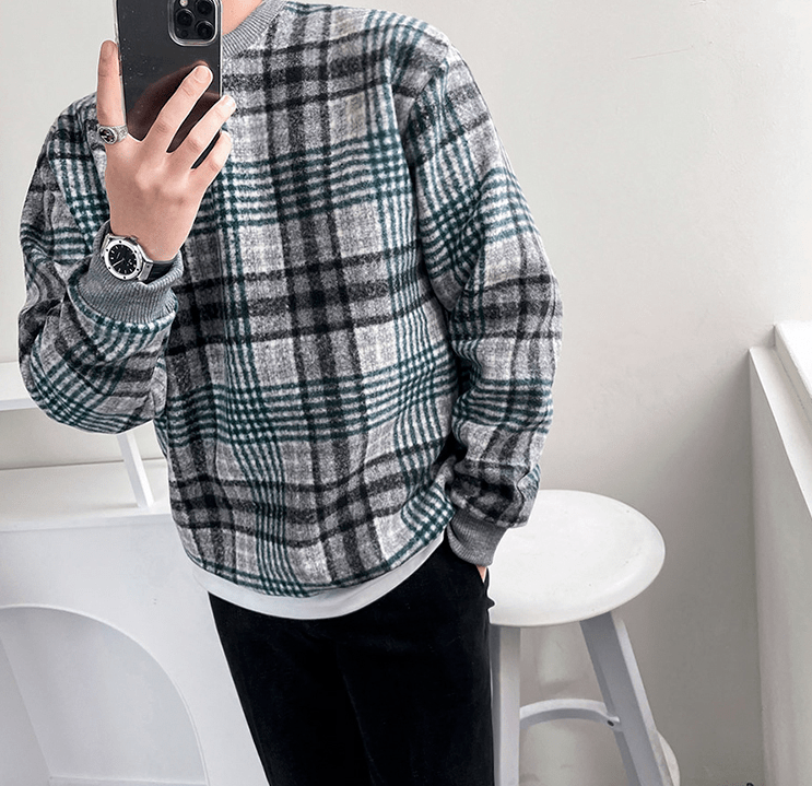 Maxct 6164 Knitted Crewneck Plaid Sweater