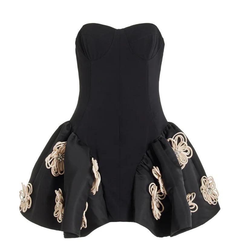 Maxct Explosions Women's Clothing French Hepburn Style Tube-top Tutu Skirt Black Flower Bandage Dress New Style