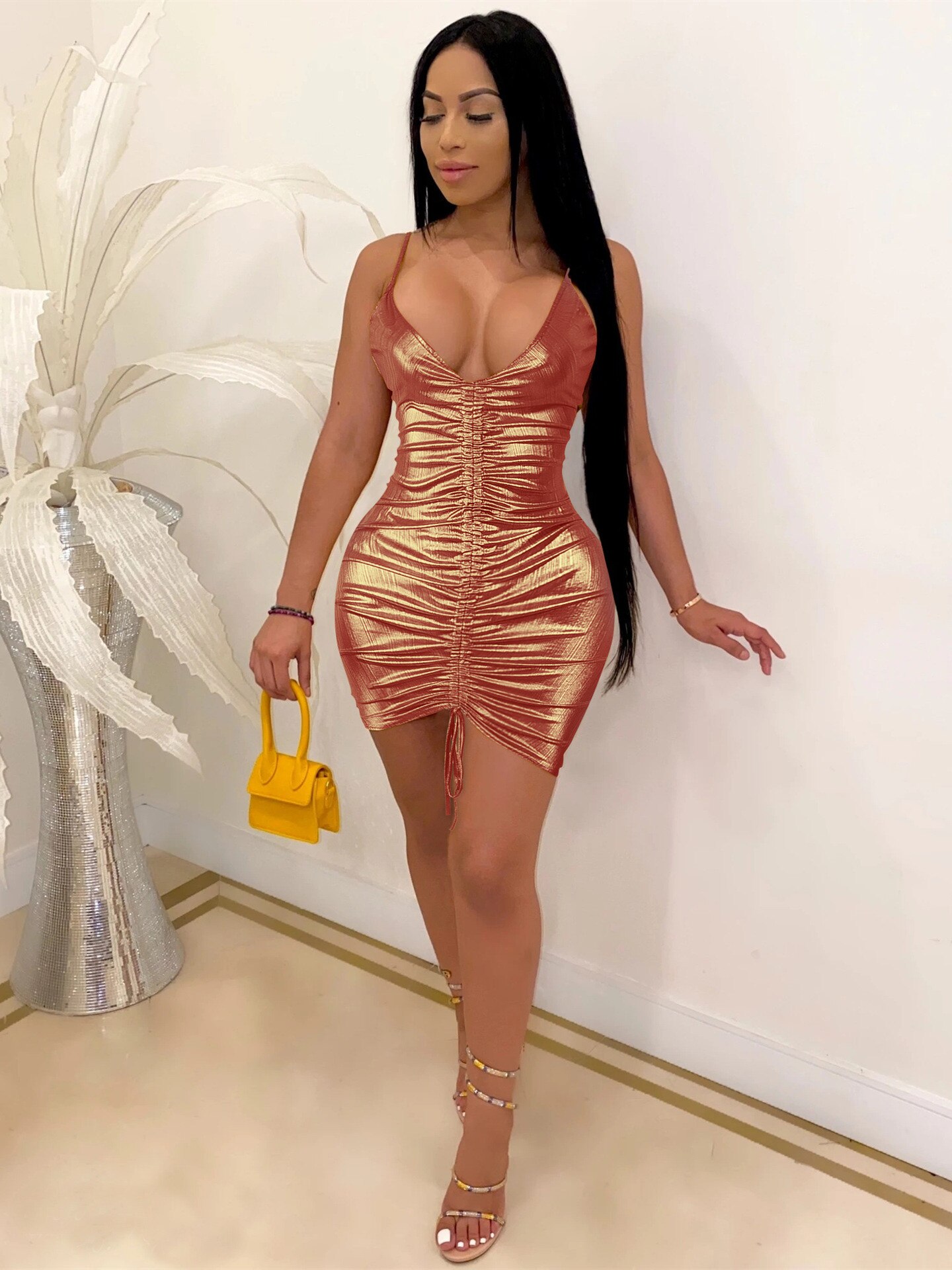 Maxct Parity Drawstring Bodycon Mini Dress Sexy Young Little Chap Spaghetti Strap Sweet High Waist Vestidos For Female Summer