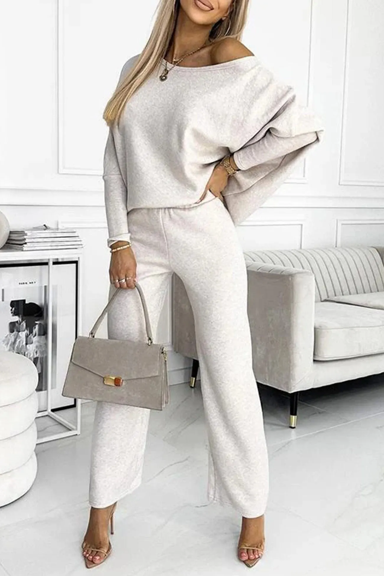 Maxct Solid Drop Shoulder Pullover Pants Set