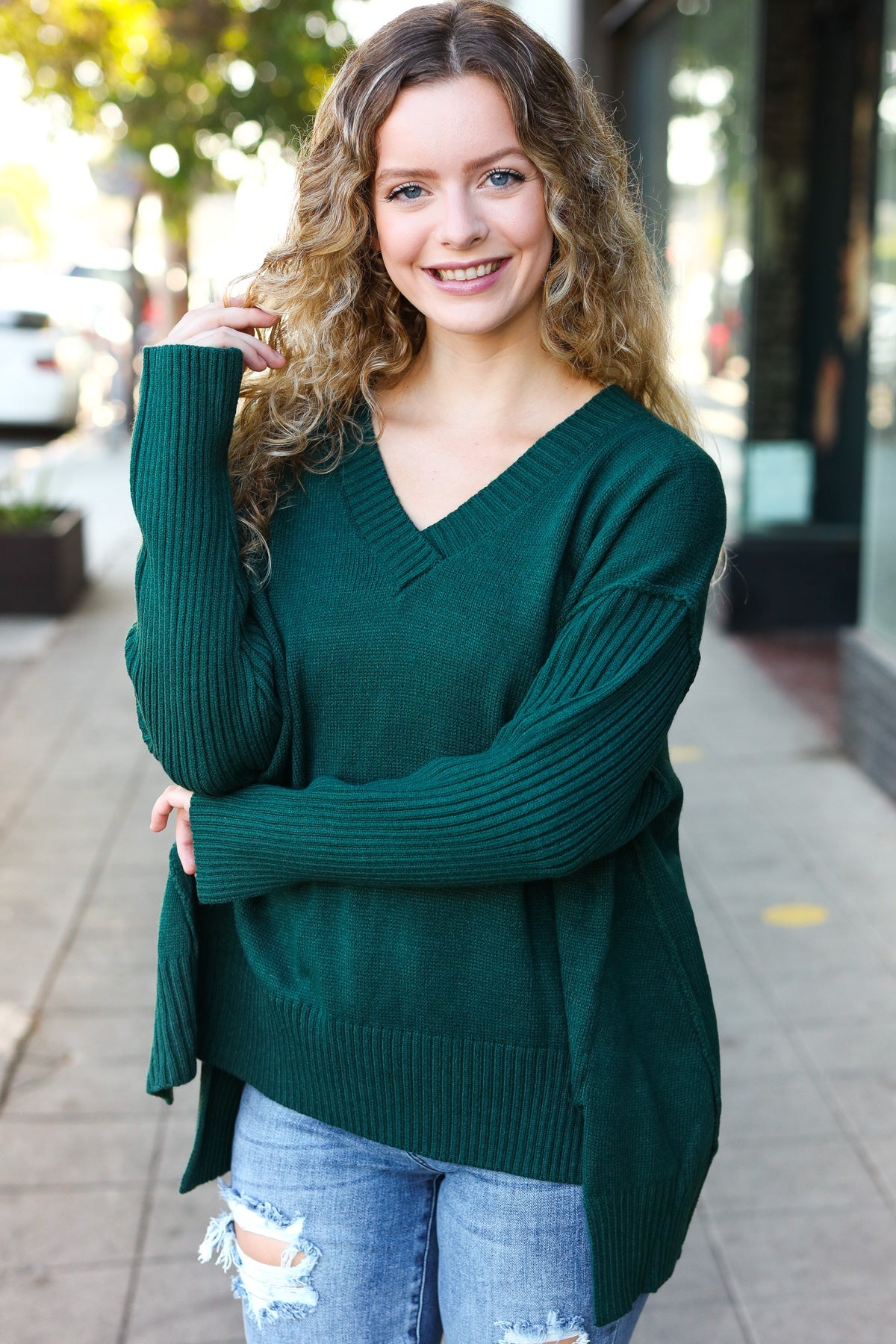 Maxct &Casual Chic Hunter Green Oversized V Neck Rib Knit Sweater