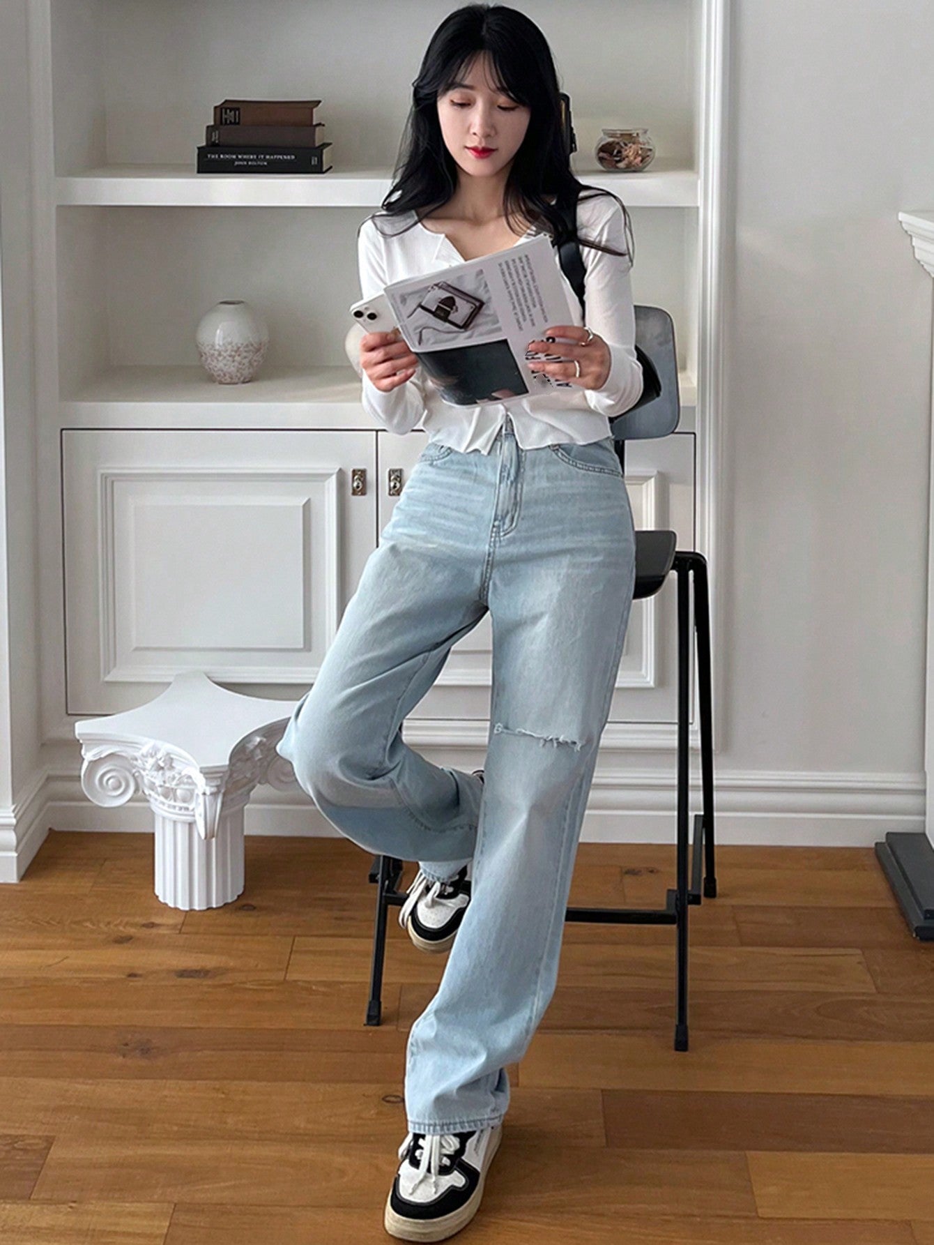Maxct Ladies Solid Color Simple Style Denim Pants Trousers