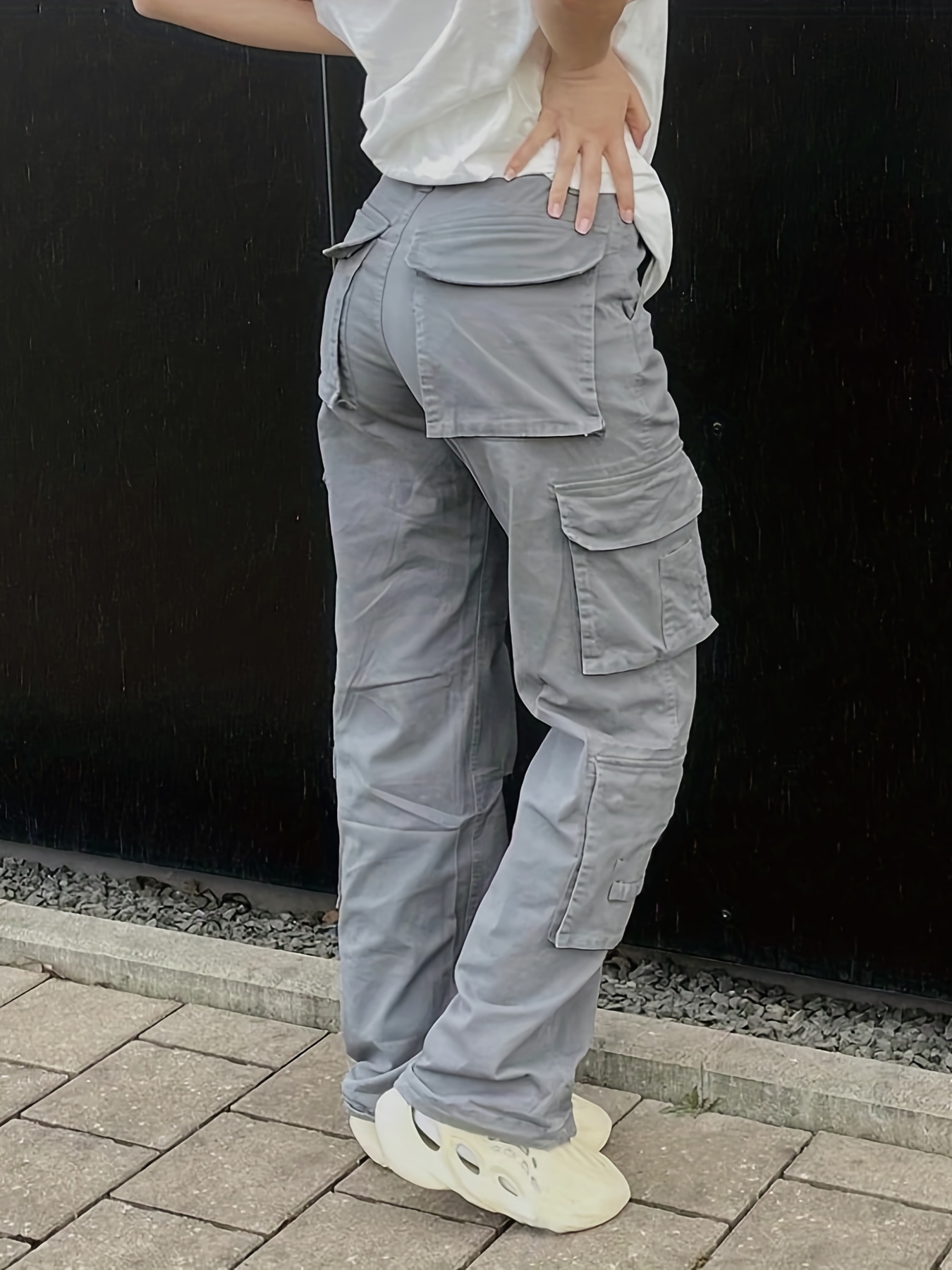 Plain High Rise Cargo Denim Pants, Loose Solid Color Retro Cargo Jeans, Street Casual Style, Women's Denim Jeans & Clothing