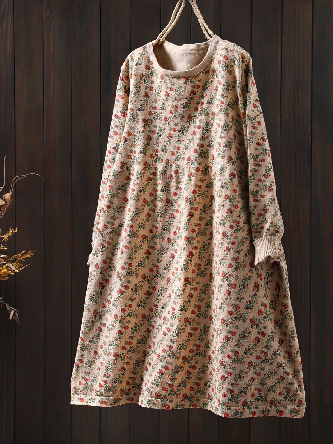 Retro Cotton Round Neck Floral Printed Loose Long Sleeves Dress